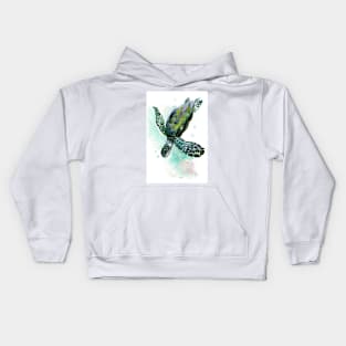 Sea Turtle, Blue turquoise olive green navy blue artwork underwater Kids Hoodie